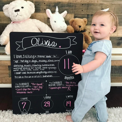 Melissa Ordway posts a picture of her daughter featuring Pearhead's all about baby chalkboard