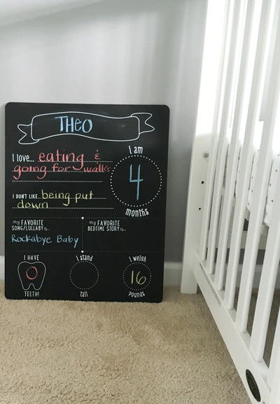Kozy & Co features Pearhead's all about baby chalkboard